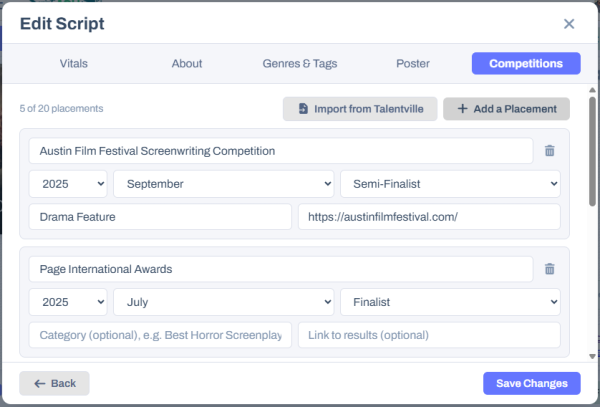 The Competitions step of Edit Script, with a placement filled in: the competition name, the year, the month, the place and a link to the results