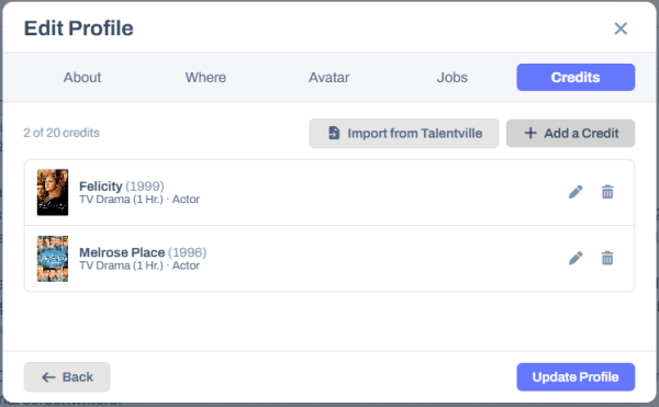 Adding a credit in Edit Profile: a poster, the project type, the title, the jobs as chips, the year, the production company and an IMDb link