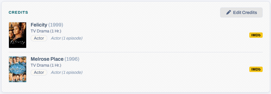 The Credits card on a member profile, listing each credit with its poster, year, project type, jobs and an IMDb link