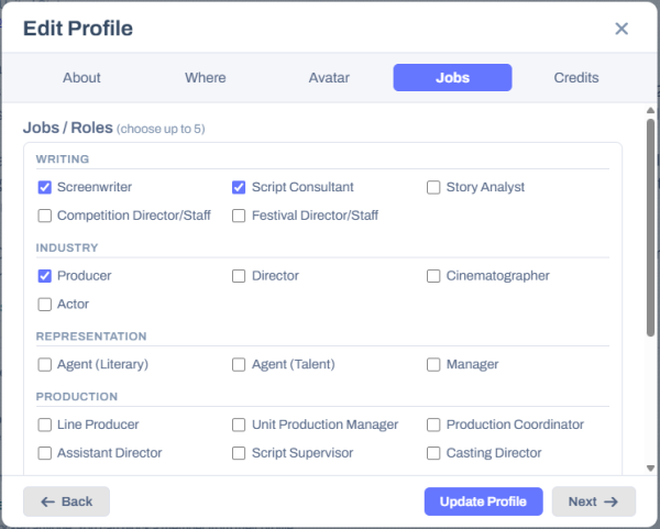 The Jobs tab of Edit Profile, with the job list split into Writing, Industry, Representation, Production and Other