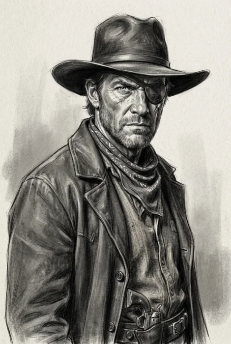 Charcoal sketch of a one-eyed frontier sheriff in a Stetson and long overcoat, head and shoulders, turned three-quarters to the camera