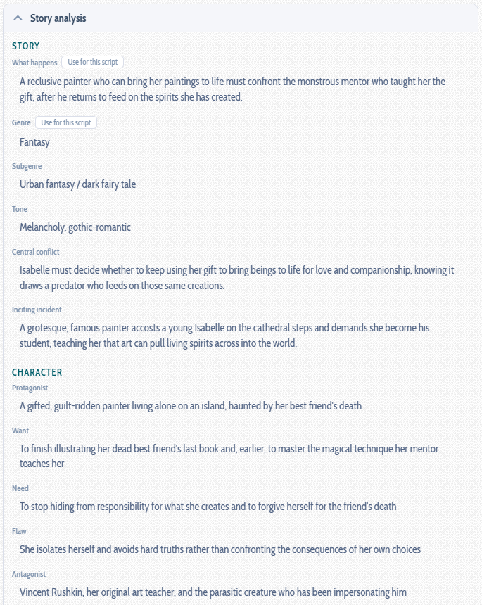 Part of an AI analysis of a screenplay