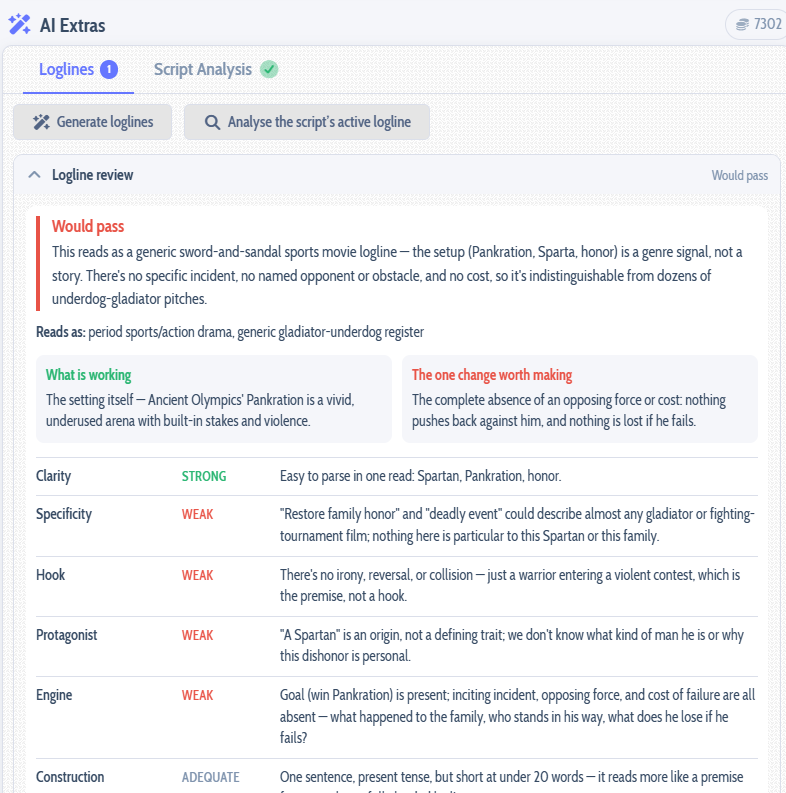 AI generated loglines with the reasoning behind each one