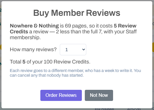 The Buy Member Reviews dialog: the price in Review Credits and how many reviews to order