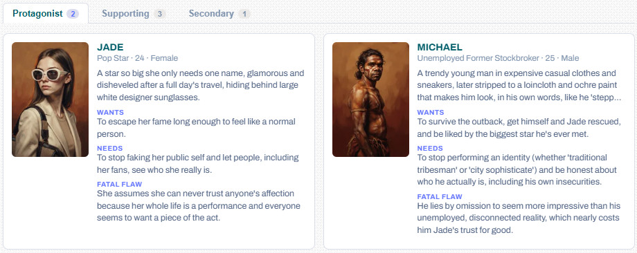 The Characters tab with sketched characters