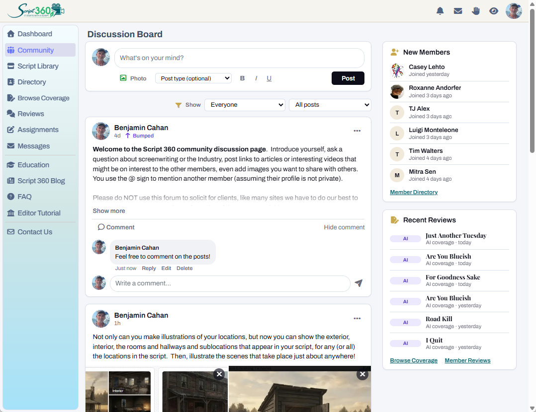 The Discussion Board: a box to write a post, posts with comments and replies, and new members and recent reviews beside them