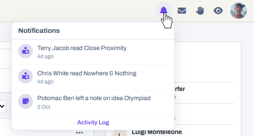 The bell in the header, open on a list of notifications: who read your scripts and who left you a note