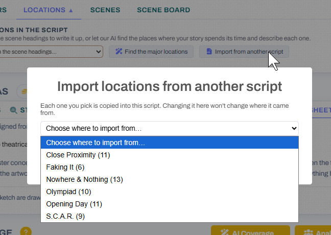 Import locations from another script: the button on the Locations tab, and a list of the writer's other scripts to choose from