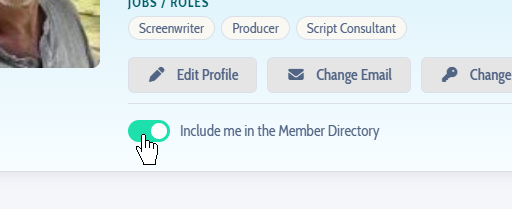 The Include me in the Member Directory toggle switch on a profile page