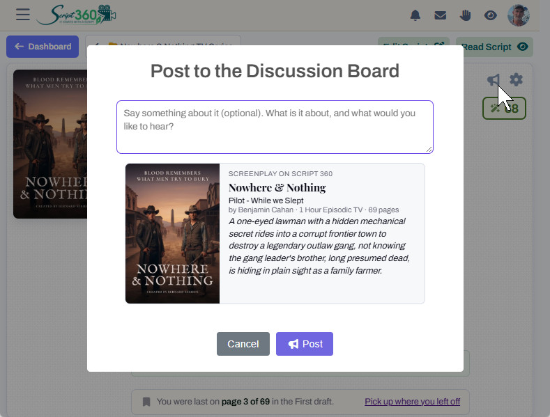 Post to the Discussion Board: a box to say something about the script, above its card with the poster, title and logline