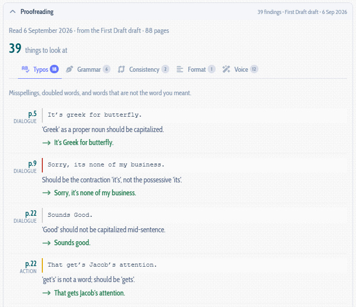 Proofreading findings in the editor sidebar