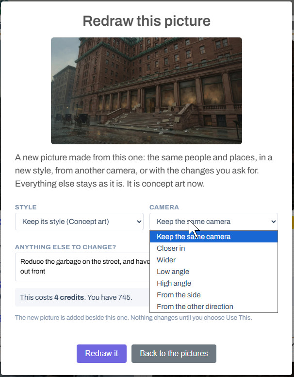 Redraw this picture: a hotel front, with a choice of style, a camera menu open on Closer in, Wider, Low angle and more, and a box saying what else to change