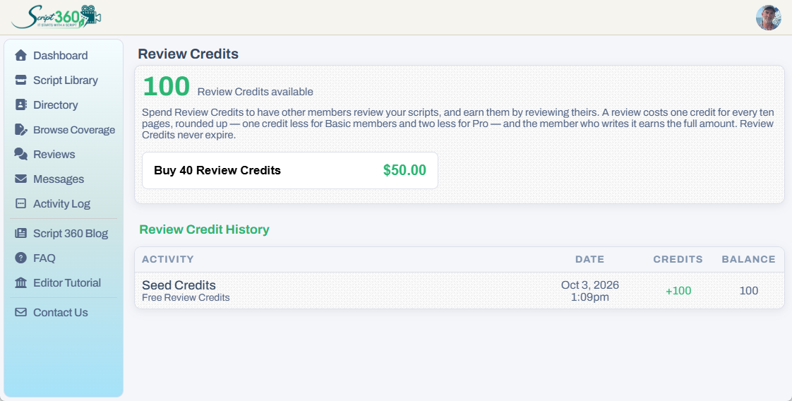 The Review Credits page: your balance, the 40-credit pack, and your credit history