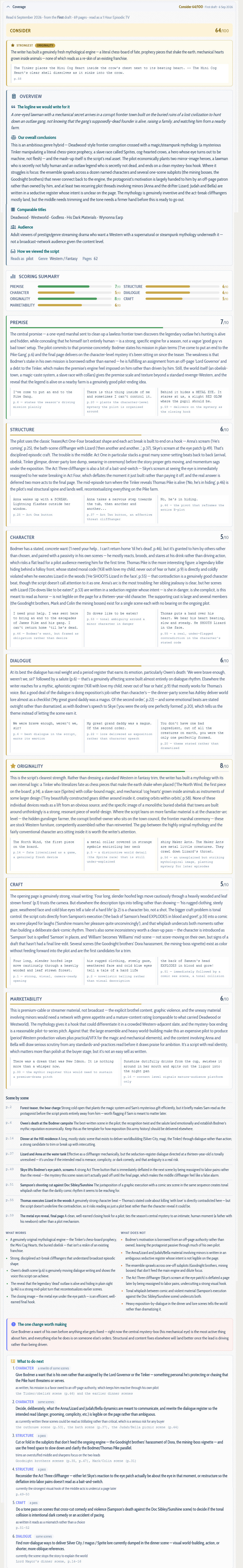 A full Script 360 AI coverage report: the verdict and score, seven scored categories with lines quoted from the script, scene notes, and a plan for the next draft