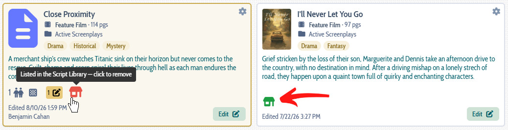 The Screenplays list on the dashboard, showing the Library icon beside each script - green where the script is listed, gray where it is private