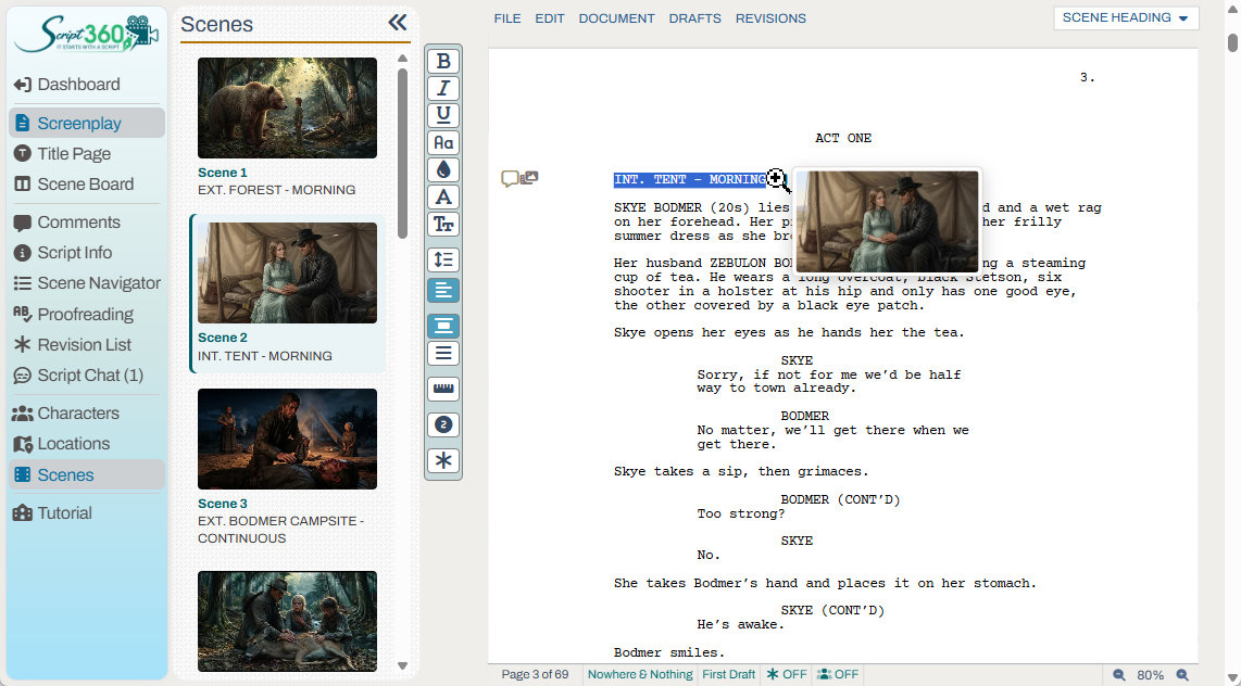 The editor with the Scenes panel open: each scene's picture and heading in a list, and a scene's picture showing beside its heading in the script