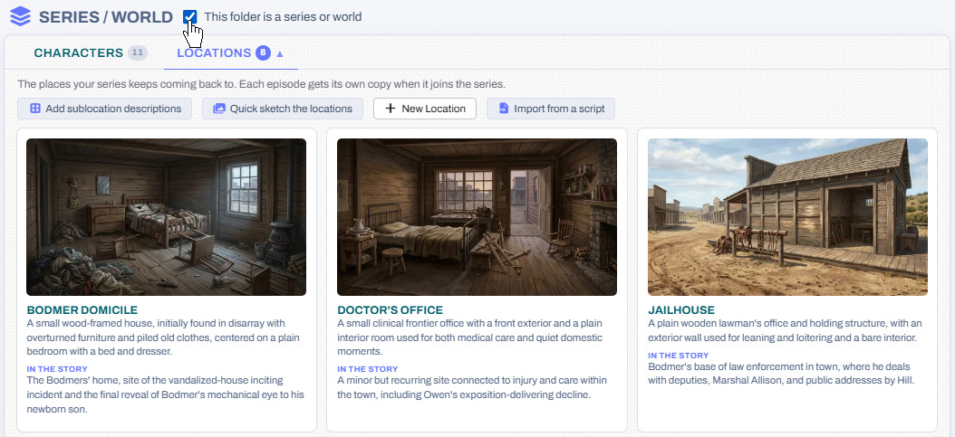 A folder switched to Series / World, with its own Characters and Locations tabs and the series' locations sketched