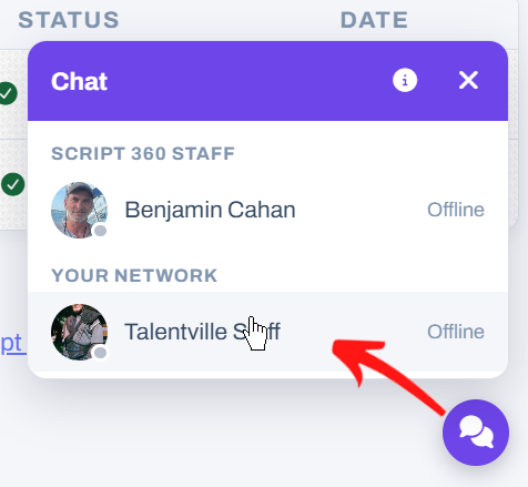 The chat list, opened from the round chat button, with Script 360 Staff and Your network