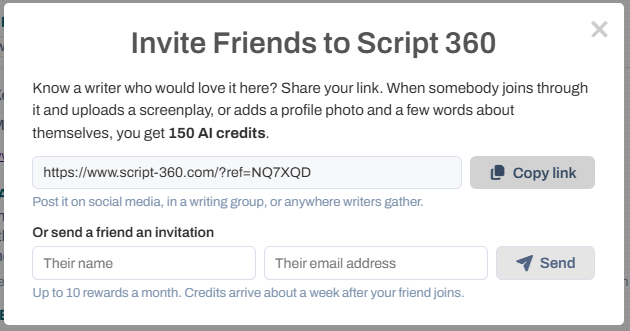 The Invite Friends to Script 360 window, with your invite link to copy and a box to email a friend