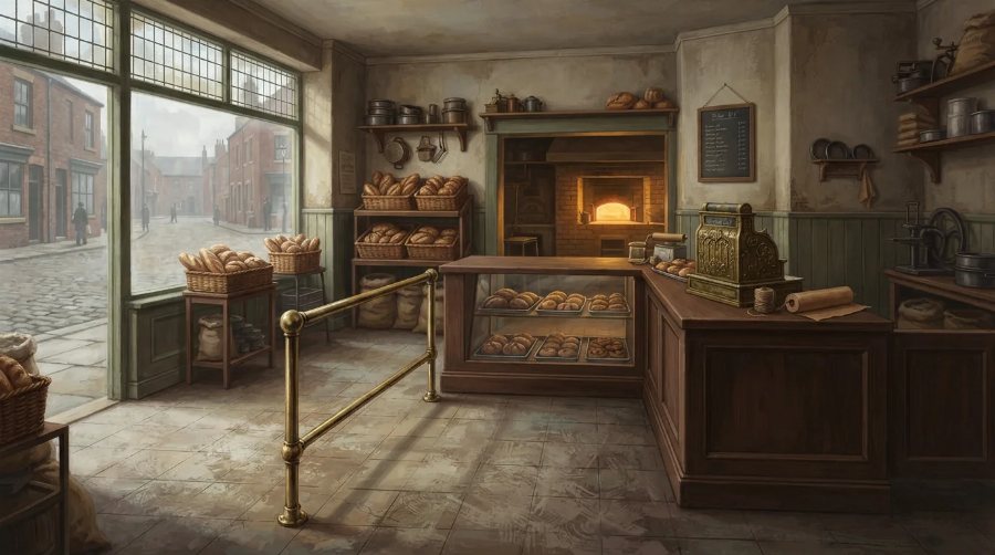 An empty Liverpool bakery in 1912: bread on the shelves, a glowing oven, the street outside the window