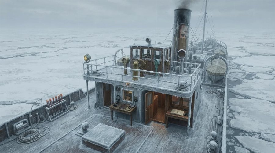 The steamship Californian seen from above, its deck and funnel surrounded by pack ice