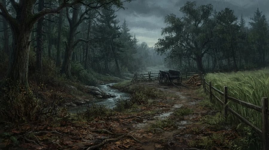 A rainy forest clearing with a stream, a wooden fence and an empty wagon
