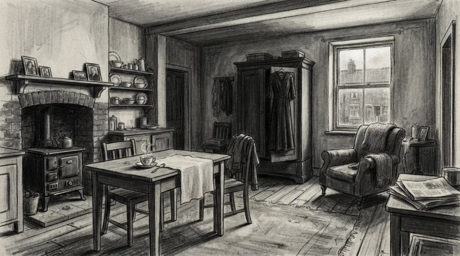 A modest front room with a stove, an armchair and a table, in charcoal