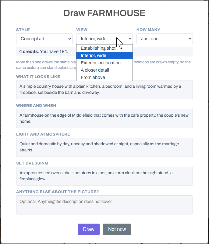 The location sketch form: Style, View and How many, with the View list open, and the location’s description underneath