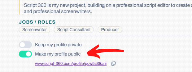 The Make my profile public switch on a profile page, with the profile's public address under it
