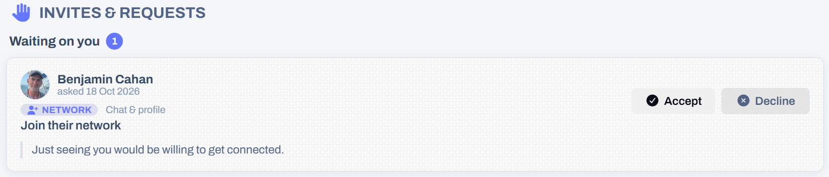 A network request on the Invites and Requests page, with its note and the Accept and Decline buttons