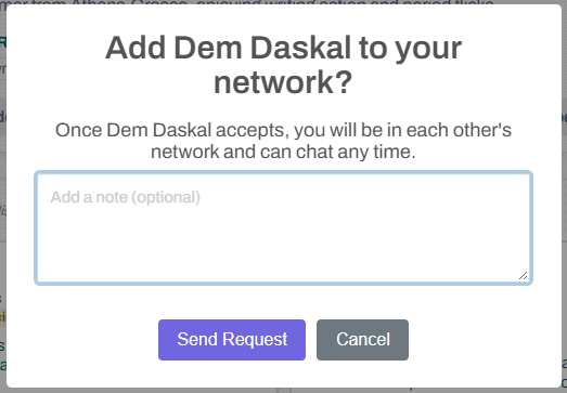 The Add to your network dialog, with a box for an optional note