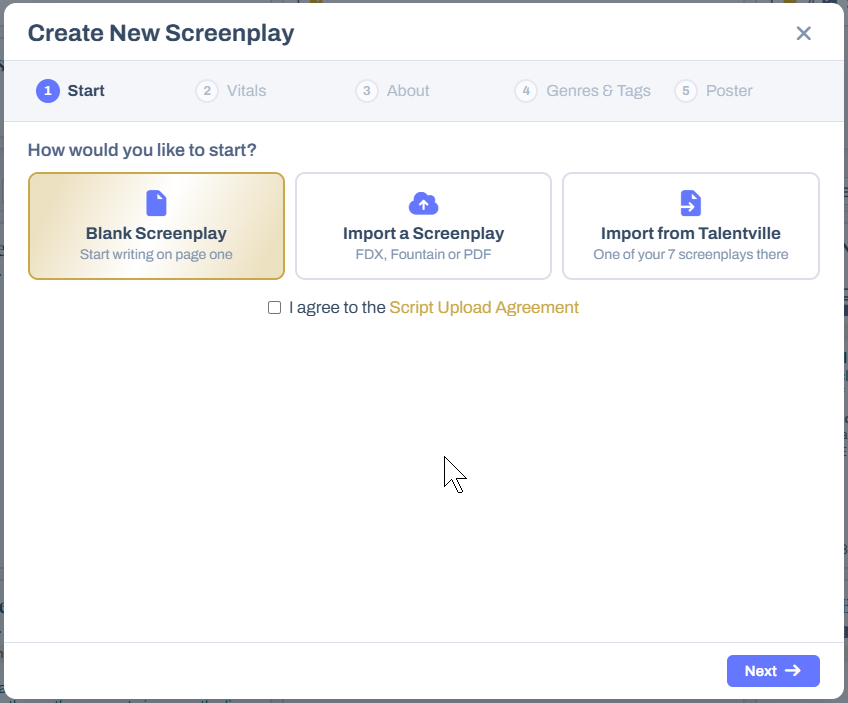 Blank Screenplay chosen on the Start step