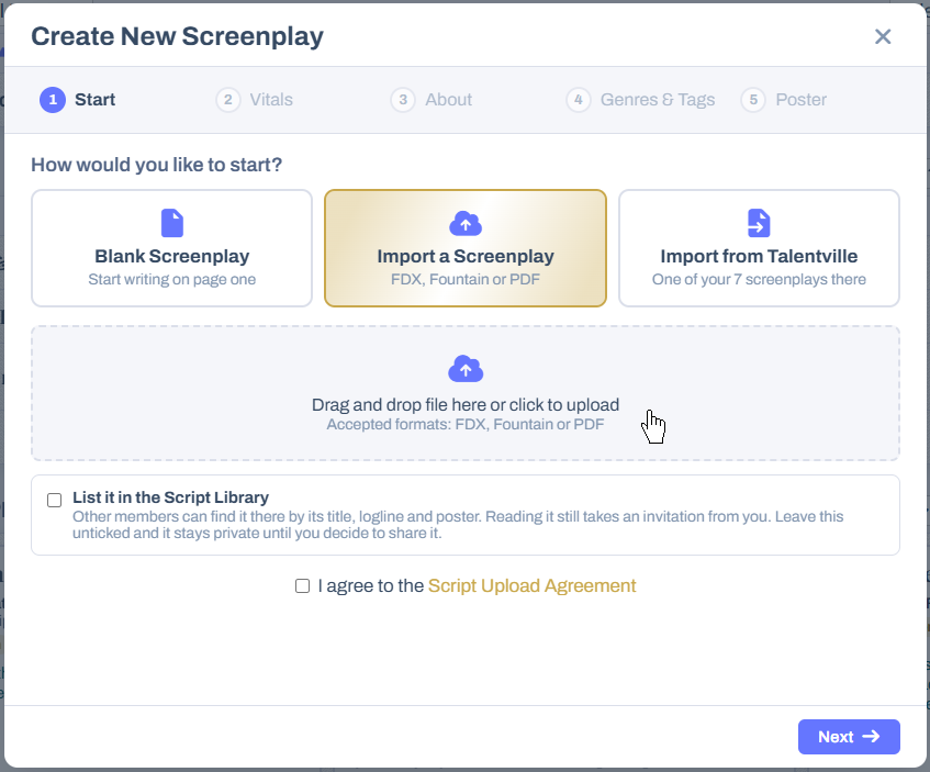 Import a Screenplay chosen, with the upload box