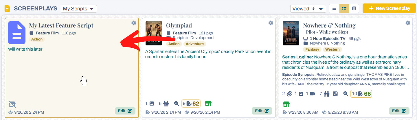 The new screenplay’s card in the Screenplays listing on the Dashboard