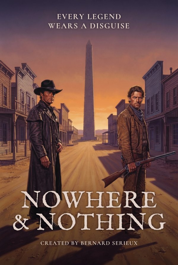 One sheet for Nowhere & Nothing: two gunmen facing the viewer in a frontier town street at dusk, a stone monument between them, in a retro illustrated style