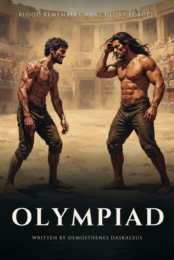 One sheet for Olympiad: two bloodied fighters squaring up in an ancient arena, in a painted style