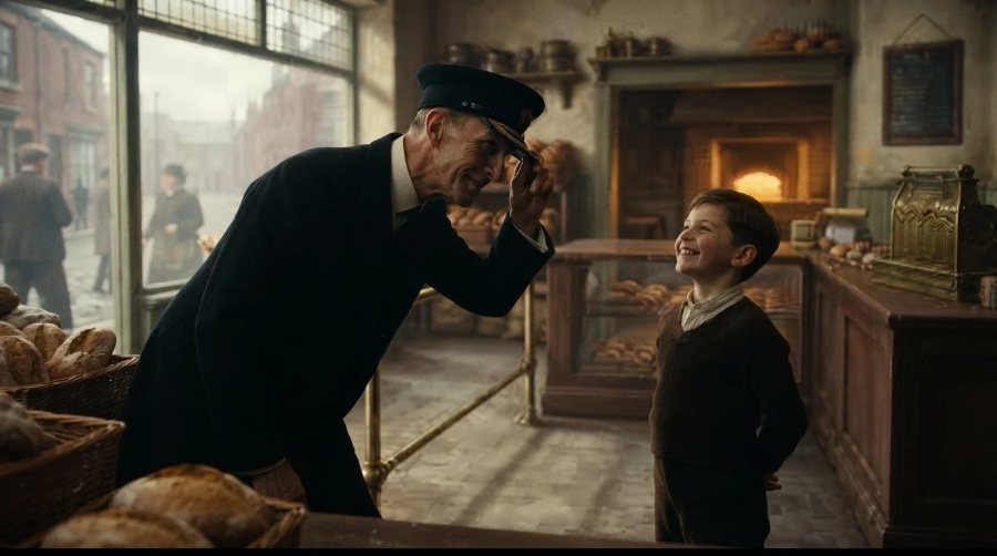 The same bakery, with a ship&rsquo;s captain tipping his cap and a small boy beaming beside him