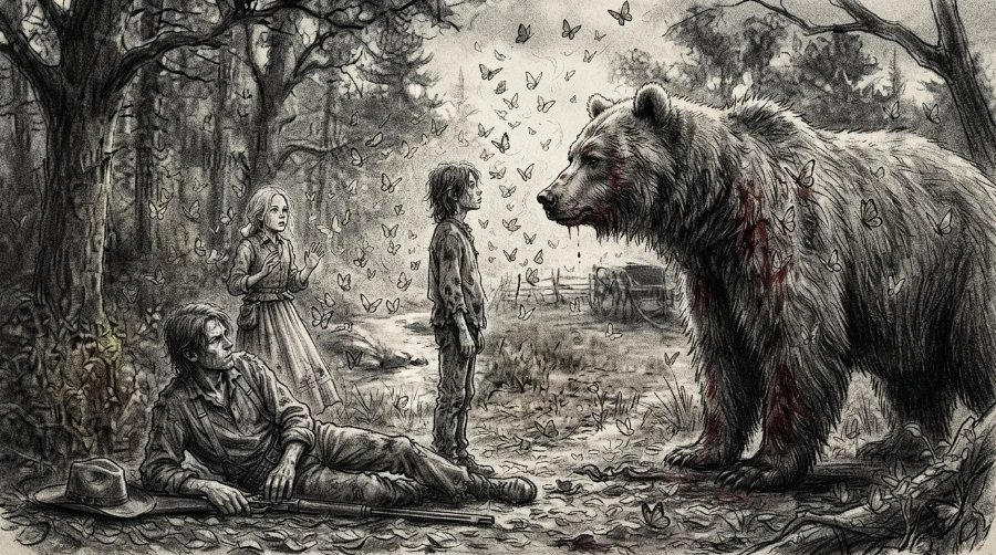 The bear scene as a charcoal sketch