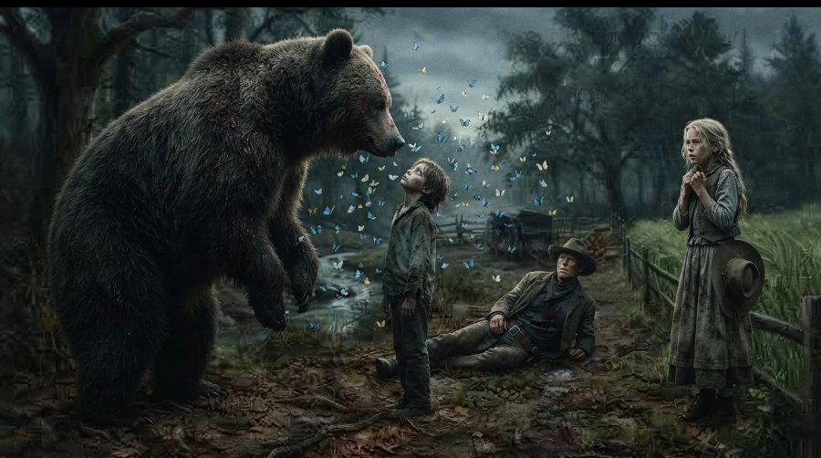 The same forest at dusk: a huge bear rears over a fallen man while two children face it