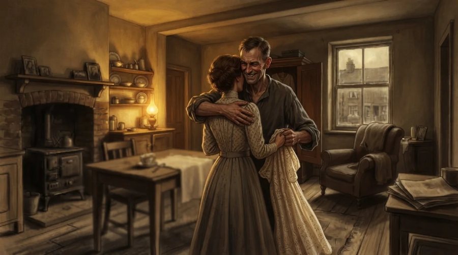 A husband holding his laughing wife from behind in a warm, lamplit bedroom