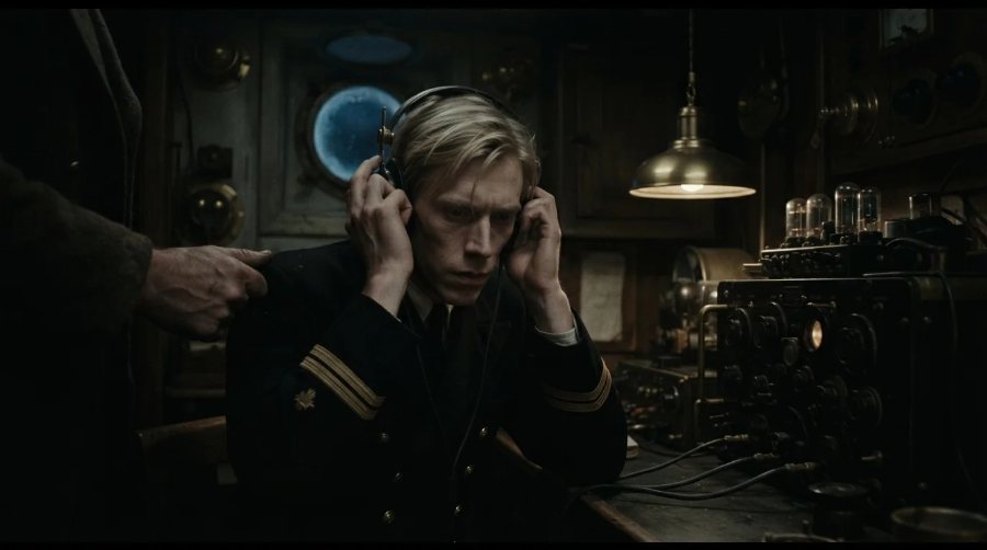 A young wireless operator pressing headphones to his ears in a cramped ship&rsquo;s radio room at night