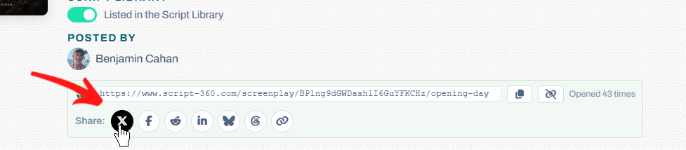 A script's public link on its summary page, with the share buttons for X, Facebook, Reddit, LinkedIn, Bluesky, Threads and Copy link under it