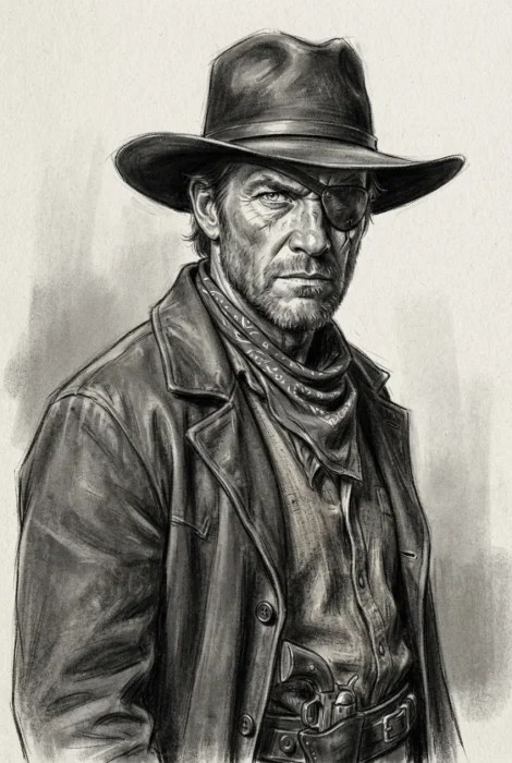 Charcoal sketch of a one-eyed frontier sheriff in a Stetson and long overcoat, head and shoulders, turned three-quarters to the camera