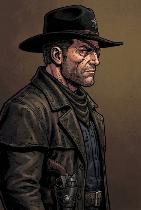Comic book panel of the same sheriff in profile close-up, bold ink outlines and flat colour
