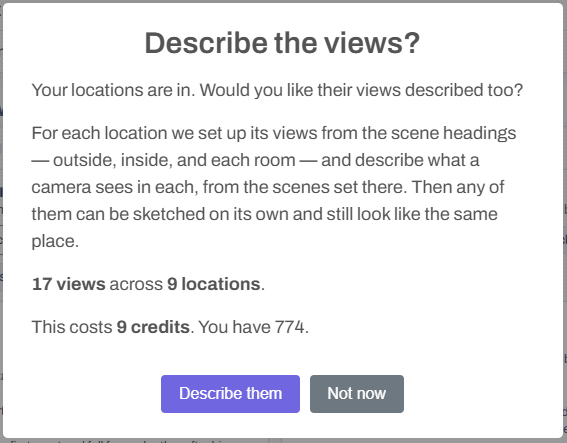 Describe the views? 17 views across 9 locations, with the price in credits