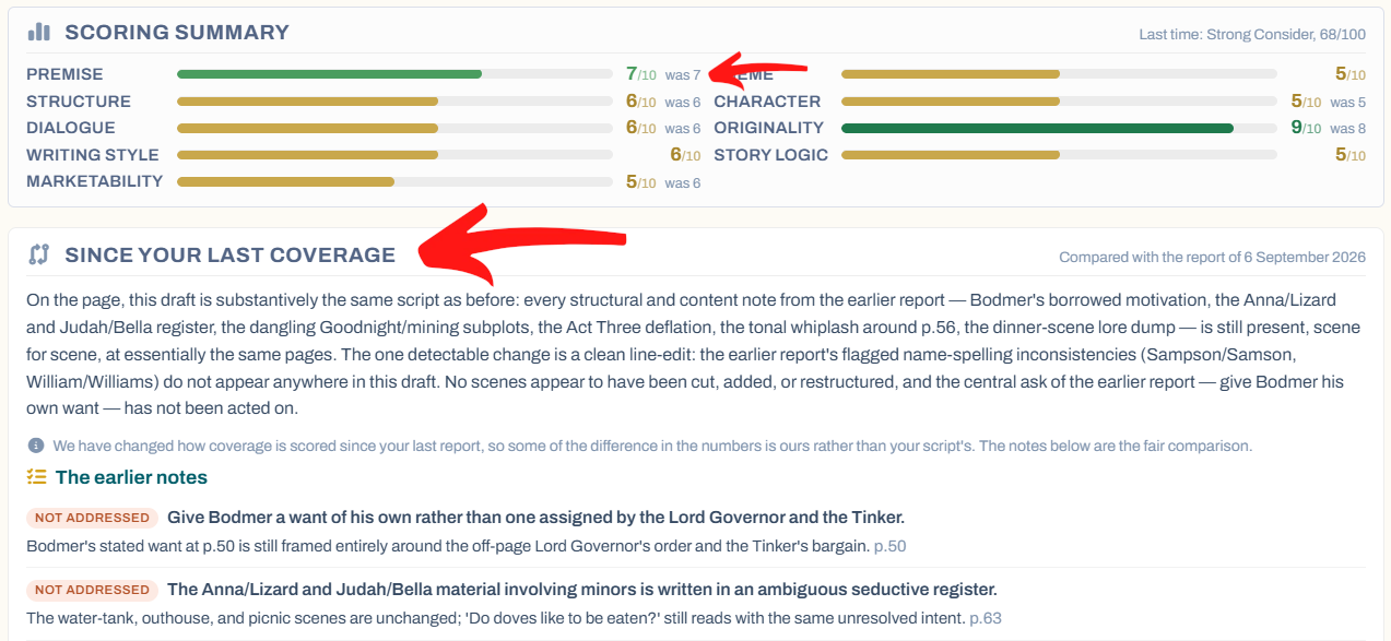 The Since your last coverage section of an AI Coverage report, with each earlier note marked addressed or not