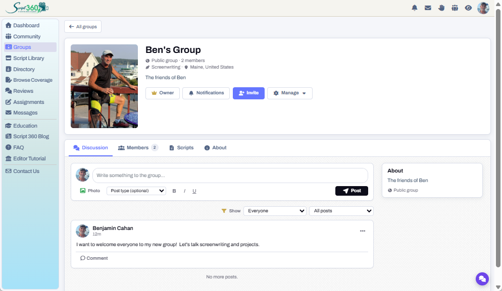 A group's page on Script 360, with its discussion and members