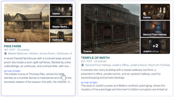 A location with its exterior, interior and room views, each with its own picture