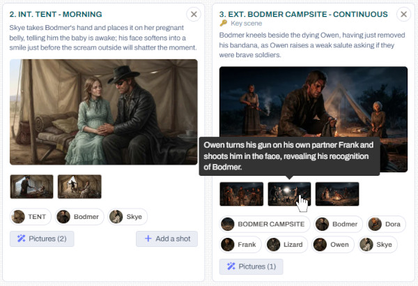 A scene with its main picture and two more shots, each tied to a line of the script