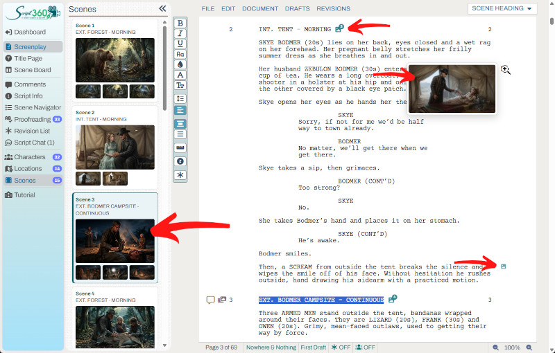Shot icons beside their lines inside a screenplay